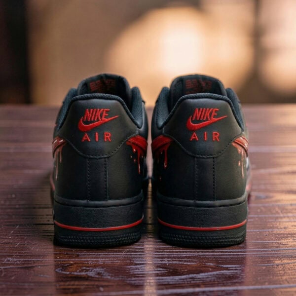 Custom hand-painted black Air Force 1 sneakers with red drip design.