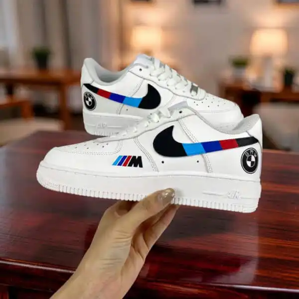 BMW Air Force 1 Sneakers - Custom Hand-Painted Design Hand-painted BMW Air Force 1 sneakers with luxury car-inspired details.