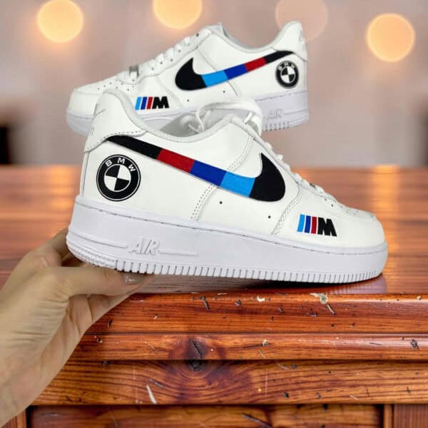 Hand-painted BMW Air Force 1 sneakers with luxury car branding and unique design.