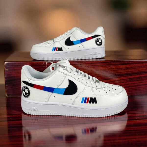 Custom hand-painted BMW Air Force 1 sneakers with BMW and M logos, stylish and unique footwear.