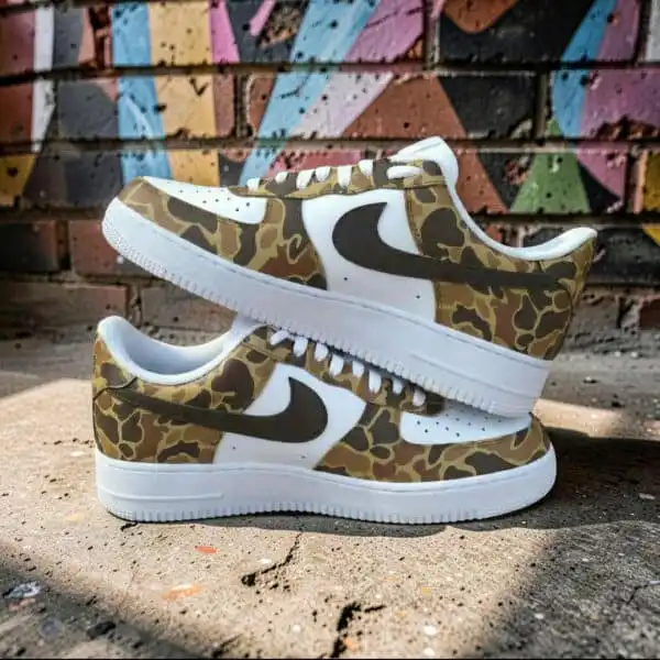 Old School Duck Camo Air Force 1 Sneakers with hand-painted design.