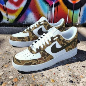 Custom hand-painted duck camo design on classic Air Force 1 sneakers.