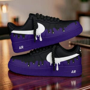 Hand-painted purple and black drip design Air Force 1 sneakers with white Nike swoosh. Unique, artis.