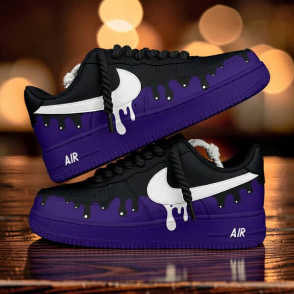 Hand-painted purple and black drip design Air Force 1 sneakers for unique style.