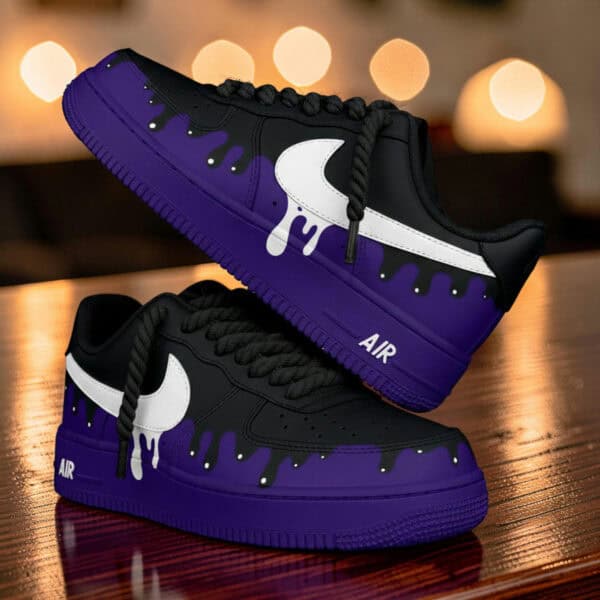 Home Custom painted purple and black drip Air Force 1 sneakers with unique design. Perfect for sneaker co.