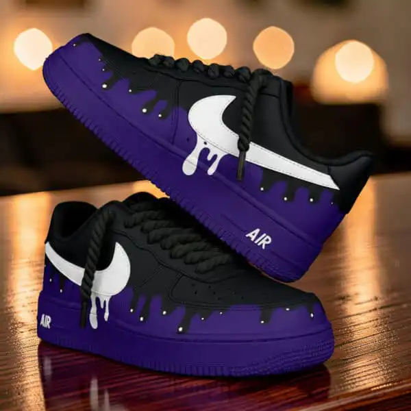 Custom painted purple and black drip Air Force 1 sneakers with unique design. Perfect for sneaker co.