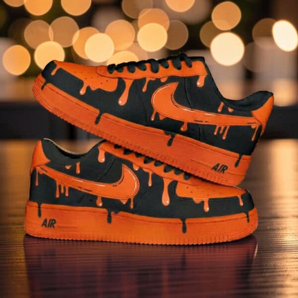 Home Custom hand-painted orange drip black Nike Air Force 1 sneakers for unique streetwear style. Perfect.