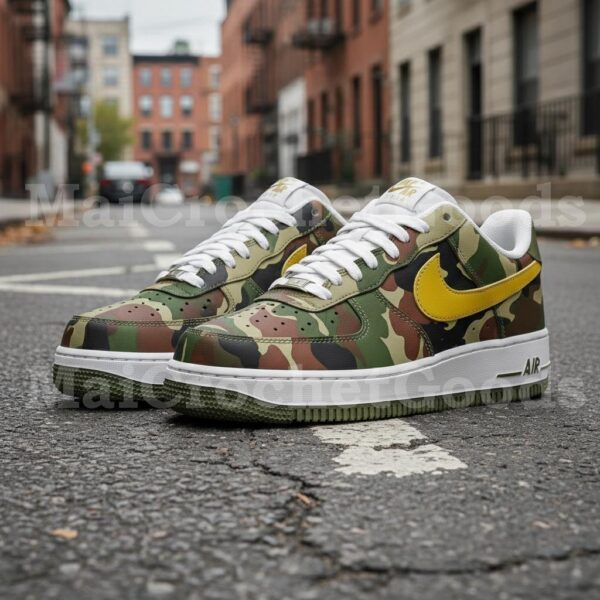 Hand Painted Camo AF1 Sneakers, Yellow Accent, Custom Streetwear