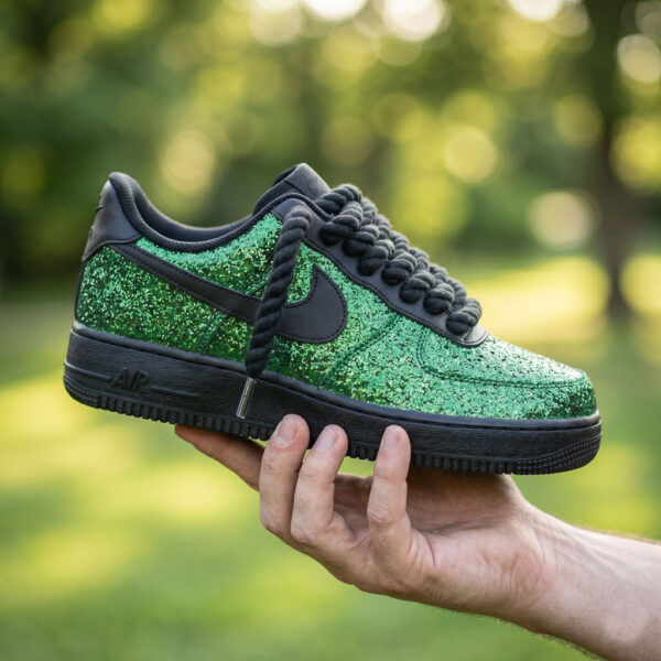 Custom Green Glitter AF1 Sneakers with Rope Laces
