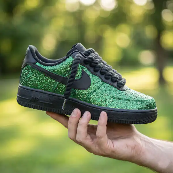 Custom Green Glitter AF1 Sneakers with Rope Laces