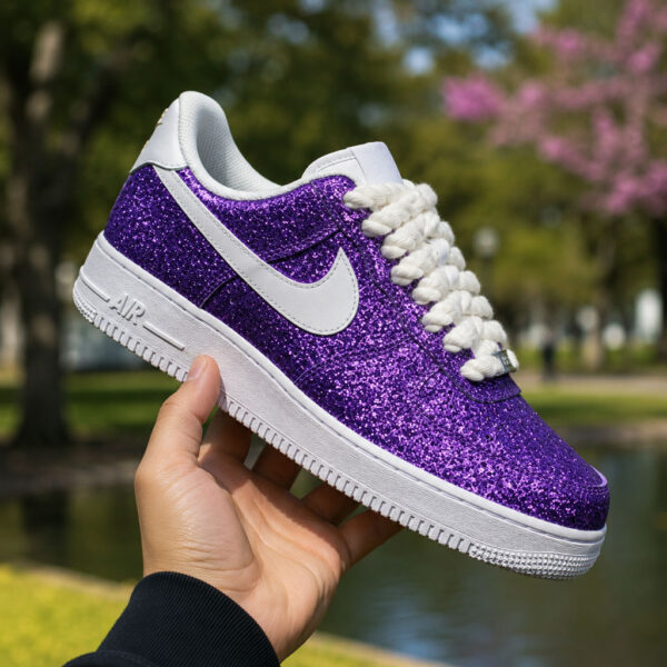 Custom Purple Glitter AF1 Sneakers with Rope Laces