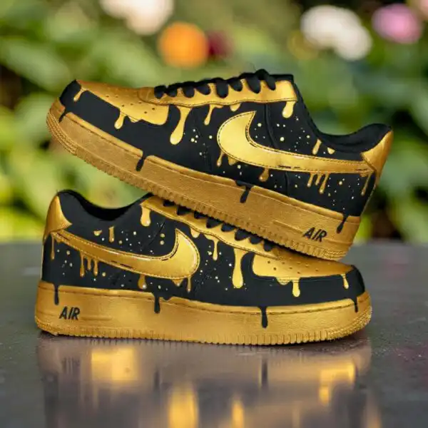 custom air force 1 gold black drip sneakers (1) custom air force 1 gold black drip sneakers (1)