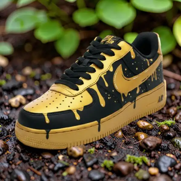 Home custom air force 1 gold black drip sneakers (2)