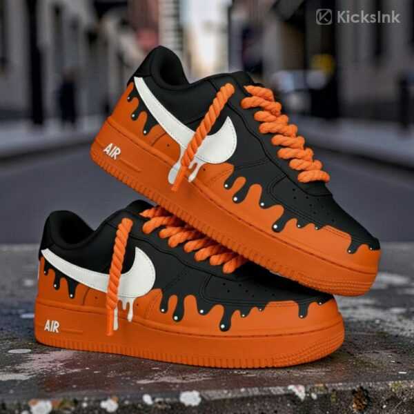 Home custom air force 1 orange black drip sneakers (2)