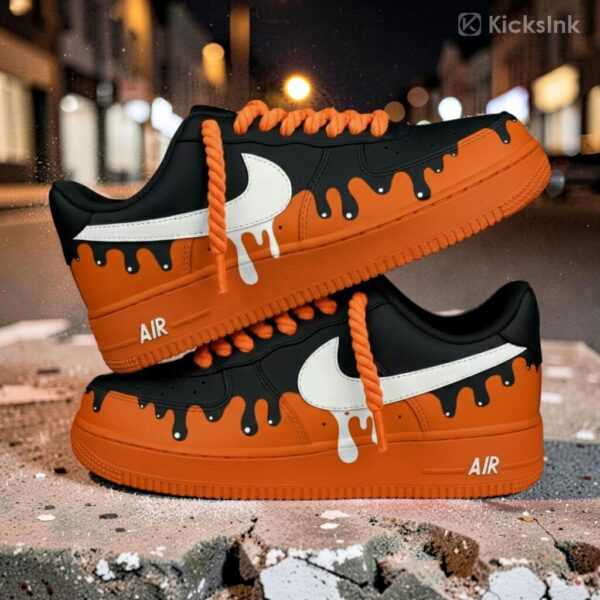 custom air force 1 orange black drip sneakers (3) custom air force 1 orange black drip sneakers (3)