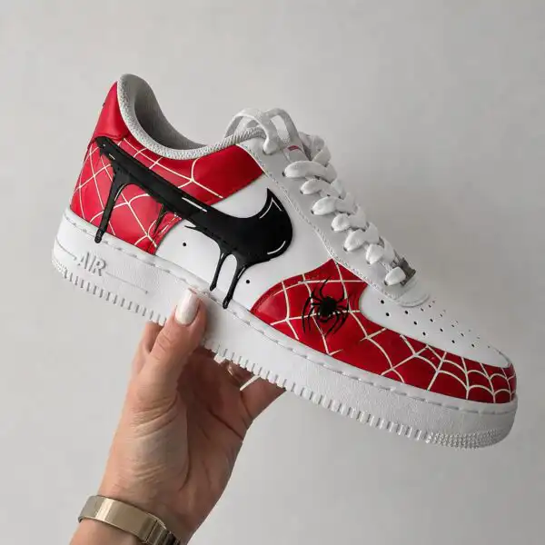 spider web red custom air force 1 sneakers, hand painted superhero shoes for him (5)
