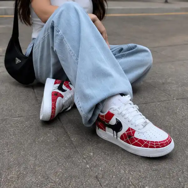spider web red custom air force 1 sneakers, hand painted superhero shoes for him (6)