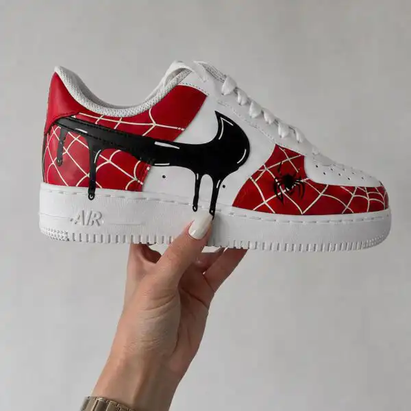 spider web red custom air force 1 sneakers, hand painted superhero shoes for him (7)