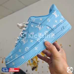 Custom Hand Painted LV Monogram AF1 Sneakers Blue custom sneakers with white print.