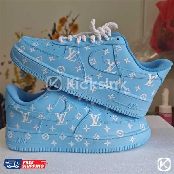 Blue custom sneakers with logo pattern