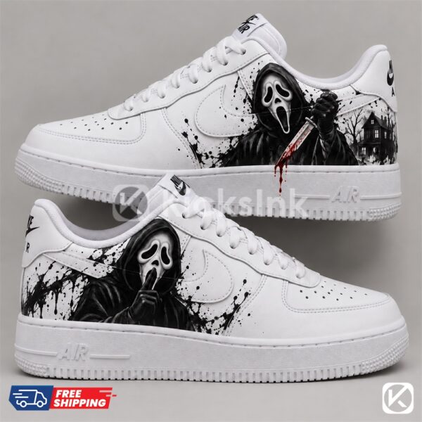 ghostface horror sneaker duo mockup web Ghostface custom sneakers on white.
