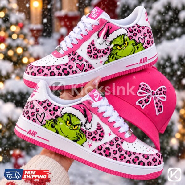 Grinch Christmas sneakers with pink leopard.