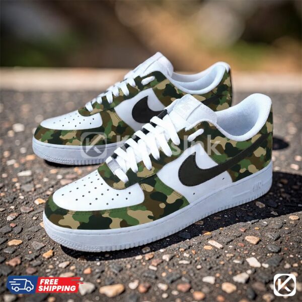 custom military green camouflage shoes 01 Camouflage sneakers with white laces