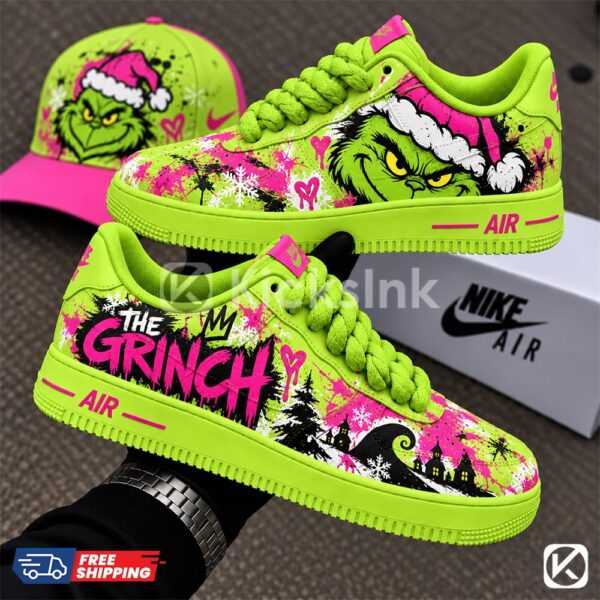 custom neon grinch hand painted sneakers chunky rope lace 02 Grinch-themed sneakers and cap.