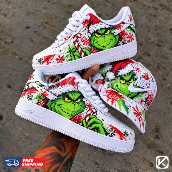 grinch candy cane custom af1 hand painted christmas shoes 01 Grinch Christmas sneakers and cap.