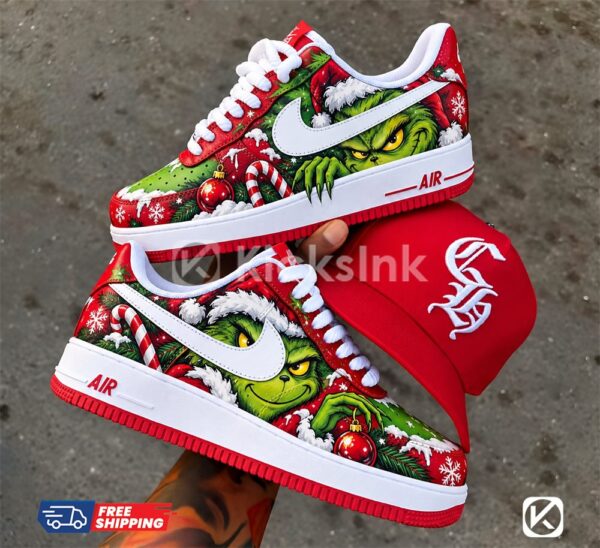 grinchmas red custom christmas shoes personalized holiday 01 Grinch Christmas sneakers with red hat